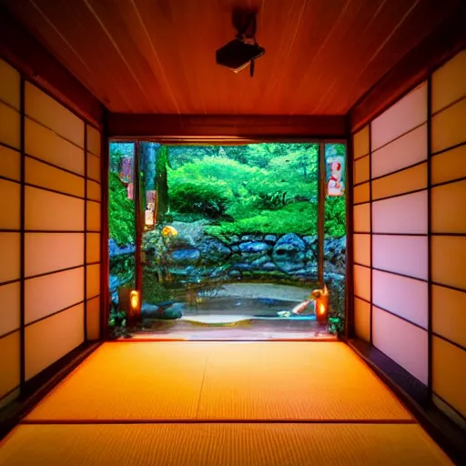 Image similar to inside a dimly lit cozy dark wooden Japanese house with a indoor koi pond at night raining, bonsai trees, fireflies, wild flowers, raining, night time
