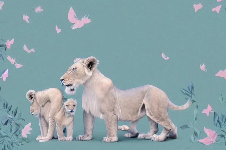 Image similar to beautiful aesthetic digital illustration of a pastel blue winged lioness with a litter of pastel cubs