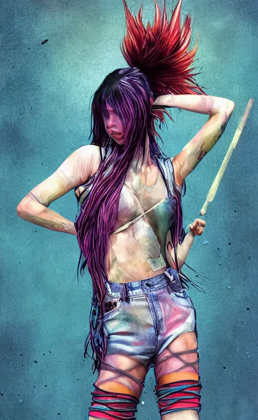 Prompt: grungy woman, rainbow mohawk, soft eyes and narrow chin, dainty figure, long hair straight down, torn overalls, skimpy shorts, combat boots, fish net leggings, basic white background, side boob, in the rain, wet shirt, symmetrical, single person, style of by Jordan Grimmer and greg rutkowski, crisp lines and color,