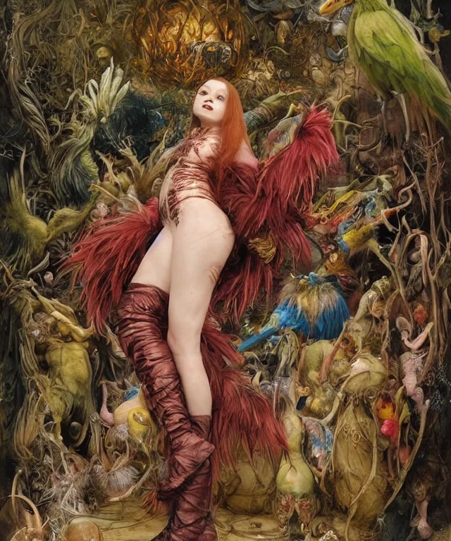 Prompt: a portrait photograph of a mutated harpy super villian with slimy skin and feathers. she looks like sadie sink and is trying on a colorful infected bulbous shiny organic catsuit. by donato giancola, hans holbein, walton ford, gaston bussiere, peter mohrbacher and brian froud. 8 k, cgsociety, fashion editorial