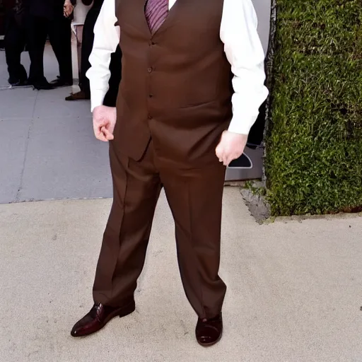 Prompt: Andy Richter is wearing a chocolate brown suit and necktie and stepping out from inside a refrigerator. There is a smile on his face.