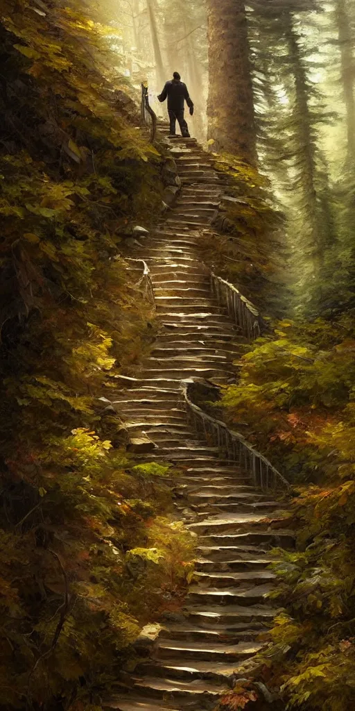 Image similar to a man walking up a steep and winding staircase, in beautiful woods, intricate, elegant, highly detailed, oil painting, artstation, concept art, sharp focus, beautiful illustration, society, by justin gerard and artgerm, 4 k