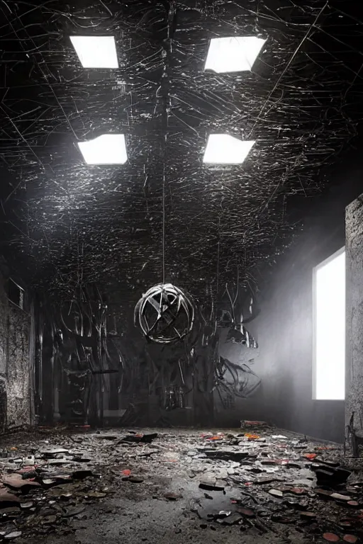 Prompt: heavenly interior made of salvaged industrial materials like rubber, iron, and plastic in abandoned basement, ASYMMETRICAL irregular blackmetal jagged WINGED sculptures made of glossy black liquid latex and industrial hardware, CARDBOARD TUNNELS painted glossy black, splintering cinematic lens flares, designed by nancy grossman and anish kapoor, directed by andrei tarkovsky and gaspar noe, 8k, shallow depth of field, highly textured and hyperdetailed, muted cool tones, 8mm fisheye lens, dutch angle