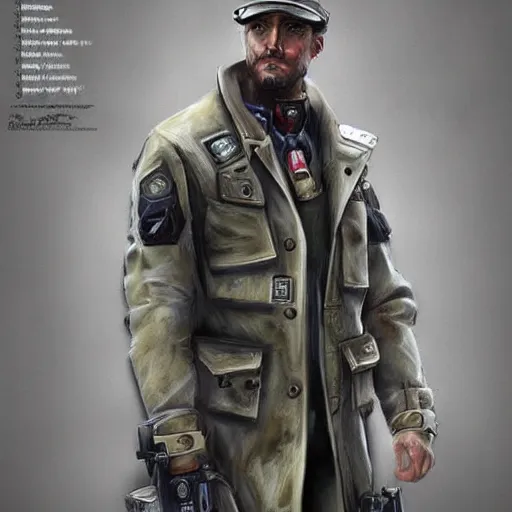 Image similar to a high definition photo realistic man wearing a trenchcoat, in airbrush style, special forces, tactical gear, cosplay, mecha, science fiction, artstation, pinterest, highly detailed, adobe photoshop