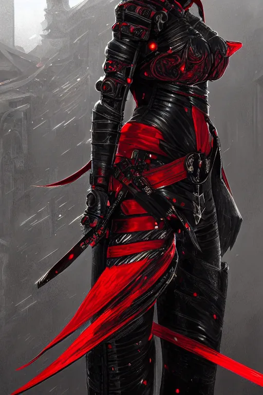 Image similar to portrait Ninja gaiden girl, armored black and red ninja wardrobe, in ruin japanese rainny temple night, ssci-fi and fantasy, intricate and very very beautiful and elegant, highly detailed, digital painting, artstation, concept art, smooth and sharp focus, illustration, art by tian zi and WLOP and alphonse mucha