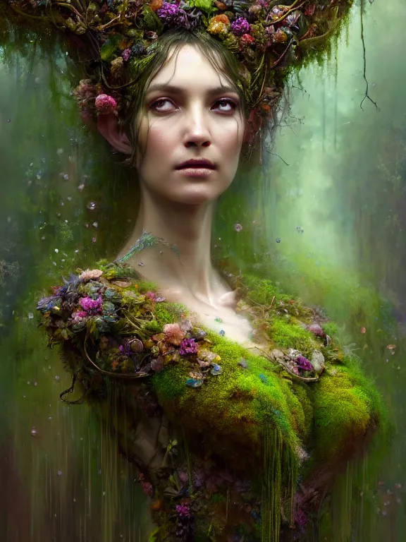 Image similar to Full View Portrait Mystical ethereal Forest deity wearing beautiful dress, vines tree bark moss Dryad made of forest beautiful dress, 4k digital masterpiece by Craig Mullins and Ruan Jia and Tom bagshaw, Alberto Seveso, fantasycore, Hyperdetailed, realistic oil on linen, soft lighting, kush background, featured on Artstation, textured, stylized, intricate details