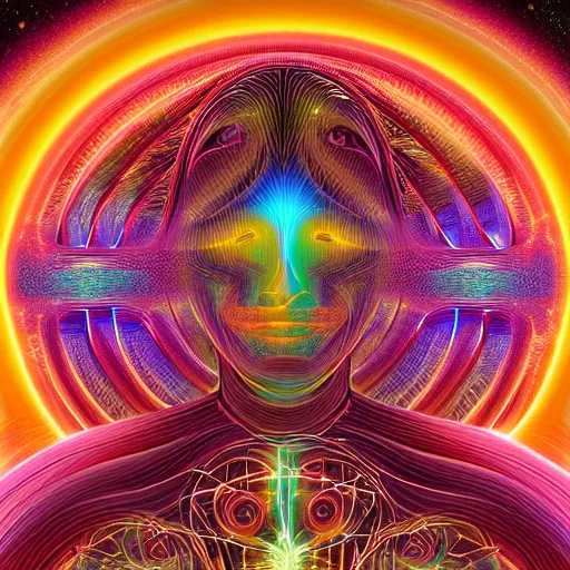 Image similar to humankind transcendence into collaborative intelligence, group intelligence, ai, by alex grey, album cover, award winning, beautiful, colorful, volumetric lighting, trending on artstation