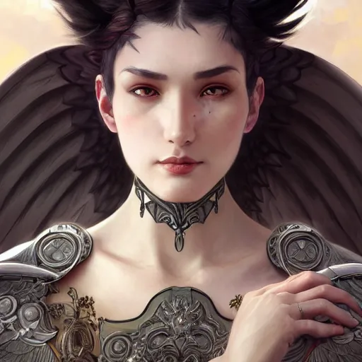 Image similar to powerful fantasy story girl with gray skin and dark gray hair and large black angel wings and armor, vivid colors, intricate, elegant, highly detailed, digital painting, artstation, concept art, smooth, sharp focus, illustration, art by artgerm and greg rutkowski and alphonse mucha and loish and wlop