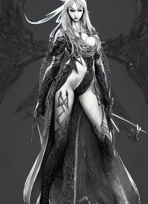 Image similar to Full body portrait of a beautiful elven female mage with black and white hair in ornate gray mage robe. In style of Yoji Shinkawa and Hyung-tae Kim, trending on ArtStation, dark fantasy, great composition, concept art, highly detailed.