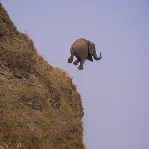 Prompt: jumping elephant falling jumping off of cliff, award winning nature photography