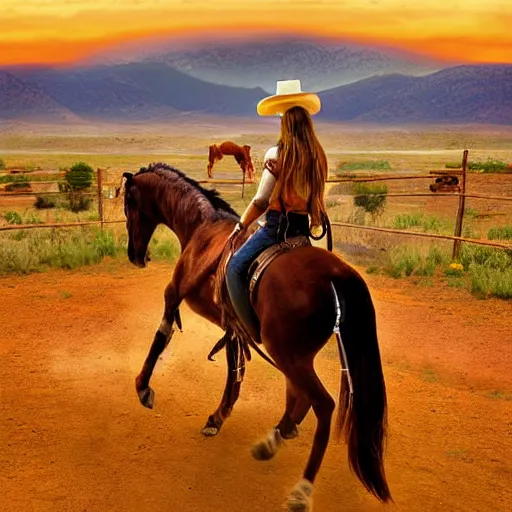 Image similar to a dodgy cowgirl wrangles her horse in a dusty old town in the old west, jumpy horses in the nearby hills, a sunset over the range, digital art