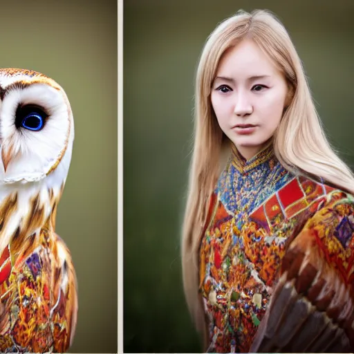 Image similar to symmetry!! portrait photograph of an extremely beautiful!!!! young blonde female with symmetric face. with a very detailed barn owl!!!!! on her shoulder. wearing mongolian traditional outfit in iceland. petzval lens. shallow depth of field. polaroid featured on flickr, art photography,