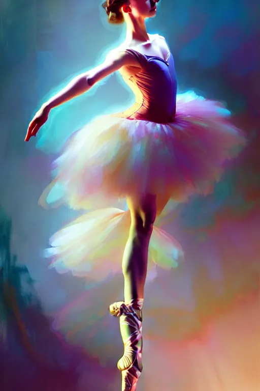 Prompt: a beautiful elegant young ballerina, octane render, vivid colors, artstation, painting by artgerm, face by wlop, by greg rutkowski, by jeremy mann, by alphonse mucha, by boris vallejo.