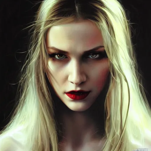 Prompt: face close up of an extremely beautiful bond female VAMPIRE portrait, Masterpiece, oil on canvas, artgerm, norman rockwell, craig mulins, trending on pxiv,