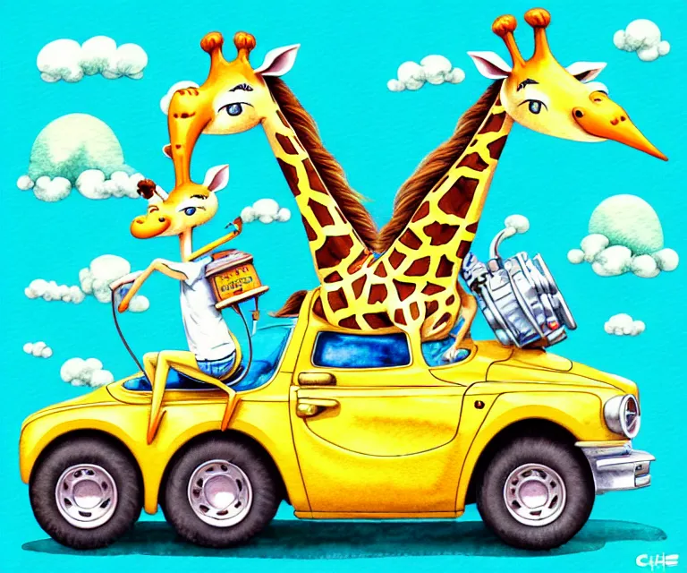 Image similar to cute and funny, giraffe riding in a tiny hot rod with oversized engine, ratfink style by ed roth, centered award winning watercolor pen illustration, isometric illustration by chihiro iwasaki, edited by range murata, tiny details by artgerm and watercolor girl, symmetrically isometrically centered, focused