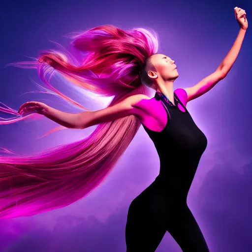 Image similar to a award winning action upper body portrait of a beautiful woman with a ombre purple pink hairstyle with head in motion and hair flying, choker, outrun, vaporware, vivid colors, highly detailed, fine detail, intricate