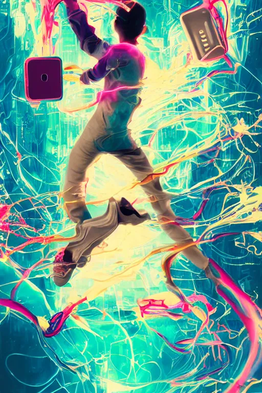 Prompt: epic 3 d abstract 🇵🇷 computer hacker, spinning hands and feet, 2 0 mm, with plum and teal peanut butter melting smoothly into asymmetrical gpus and phones, liquid cooled, thick wires, delicate, beautiful, intricate, houdini sidefx, trending on artstation, by jeremy mann, ilya kuvshinov, jamie hewlett and ayami kojima