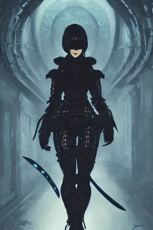 Image similar to portrait Ninja gaiden girl, armored black and blue ninja wardrobe, in ruin japanese rainny temple night, ssci-fi and fantasy, intricate and very very beautiful and elegant, highly detailed, digital painting, artstation, concept art, smooth and sharp focus, illustration, art by tian zi and WLOP and alphonse mucha