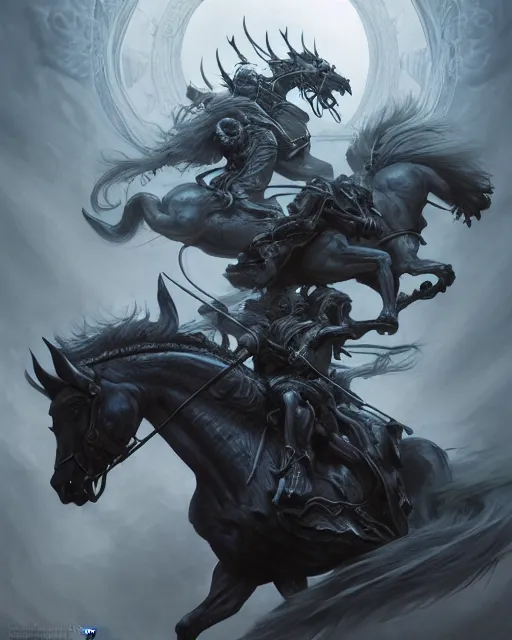 Image similar to concept art by artgerm, death of the four horsemen of the apocalypse, soft grey and blue natural light, intricate, queen of death riding, highly detailed dark art, digital painting, artstation, concept art, smooth, sharp focus, illustration, art by greg rutkowski and luis rollo and uang guangjian and gil elvgren, symmetry!