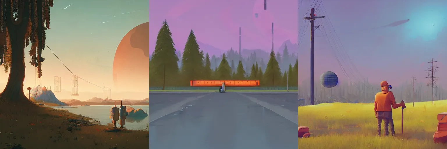 Prompt: A scene with a character in a scenic place by Simon Stålenhag