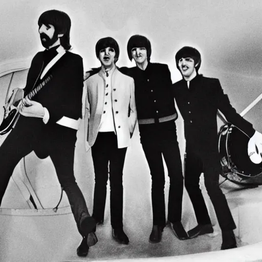 Prompt: the beatles in a yellow submarine