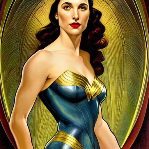 Image similar to a streamline moderne painting of gal gadot in the style of donato giancola, and in the style of charlie bowater, and in the style of alphonse mucha. symmetry, smooth, sharp focus, semi - realism, intricate detail.