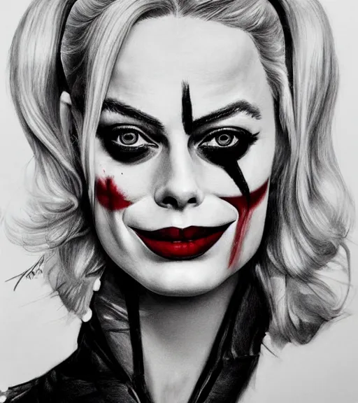 Prompt: a realism drawing of beautiful margot robbie as harley quinn portrait with joker makeup, in the style of den yakovlev, realistic face, black and white, realism, hyper realistic, highly detailed