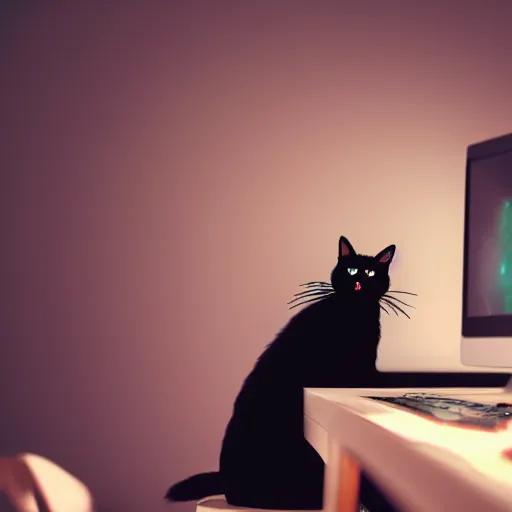 Prompt: black cat sitting at the computer in the office, at night, light from the computer, amazing, epic, mood, 8 k, high detalied, trending on artstation, digital art,