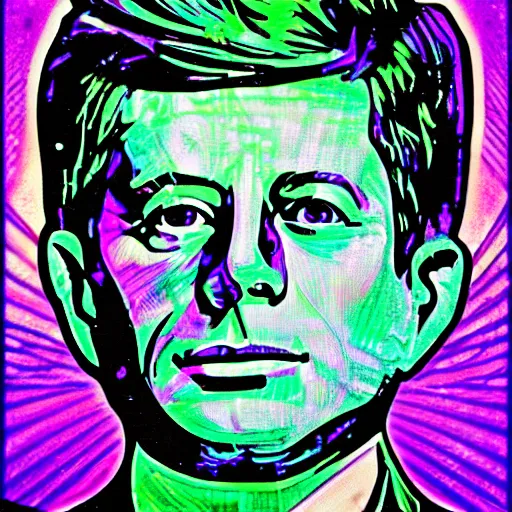 Prompt: JFK, psychedelic, blacklight digital art, Alphonse Mucha