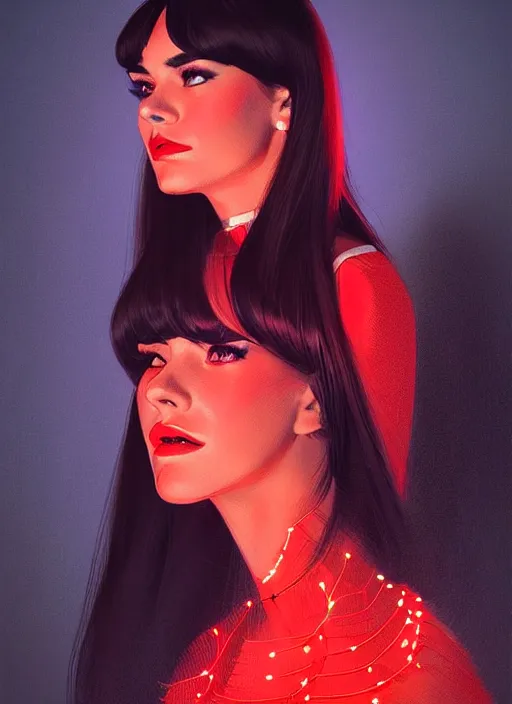 Image similar to portrait of veronica lodge with bangs, 1 9 6 0 s, long hair, red clothes, bangs, intricate, elegant, glowing lights, highly detailed, digital painting, artstation, concept art, smooth, sharp focus, illustration, art by wlop, mars ravelo and greg rutkowski