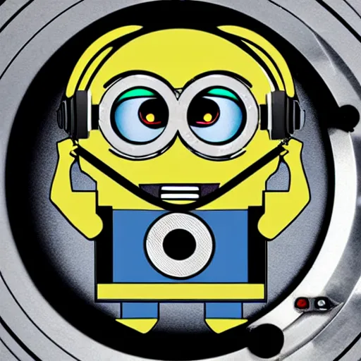 Image similar to a cyberpunk dj minion at a turntable