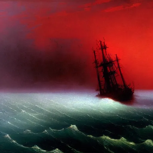 Image similar to bloody ocean, rusted iron ship sinking in red blood ocean, by Ivan Aivazovsky, junji ito, hd 8k