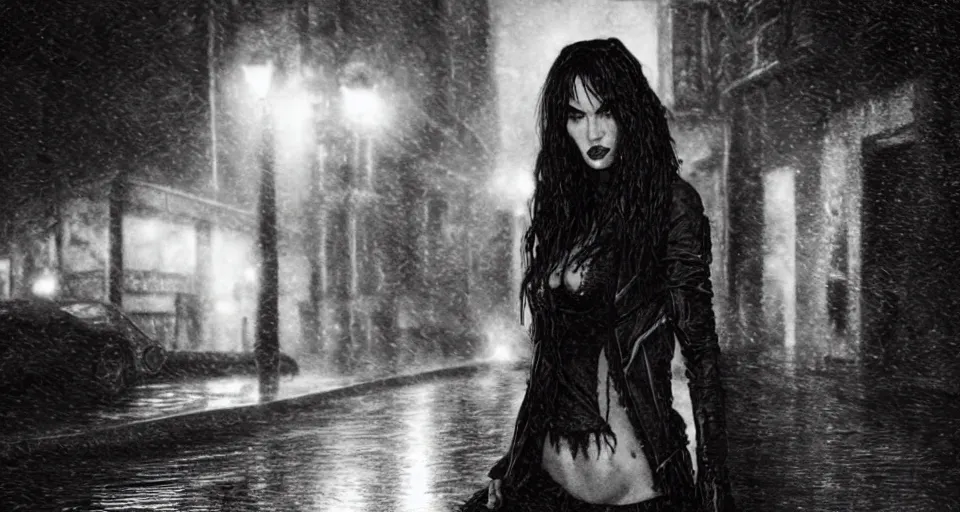 Image similar to a 2 8 mm closeup photo of megan fox posing as a vampire in emo clothing in a wet city street at night, intricate, hyper detailed, smooth, high contrast, neon, volumetric lighting, octane, moebius, greg rutkowski, blade runner, ripley scott, mad max, cindmatic