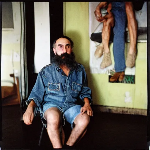 Image similar to fidel castro wearing denim shorts, full body portrait, 3 5 mm film, by nan goldin