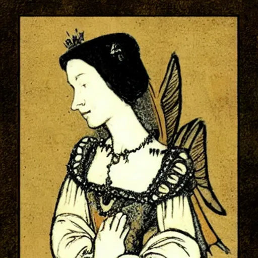 Image similar to anne boleyn with bird wings, she is very sad, full body shot, in the style of arthur rackham