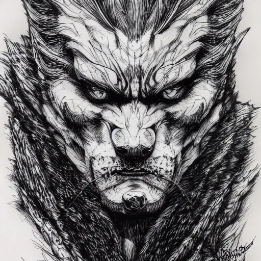 Image similar to Jordan Peterson as a werewolf, pen and ink, intricate line drawings, by Yoshitaka Amano, Ruan Jia, Kentaro Miura, Artgerm, watercolor