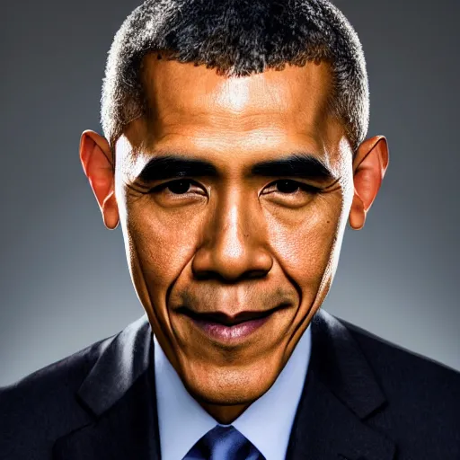 Image similar to Colored portrait photograph of asian Obama. 8k resolution. Time magazine. Studio lightning. Serious!