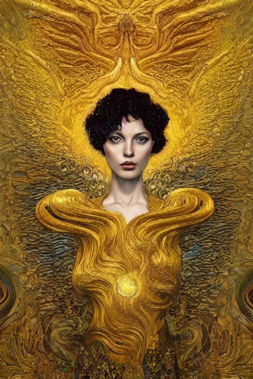 Image similar to Visions of Paradise by Karol Bak, Jean Deville, Gustav Klimt, and Vincent Van Gogh, visionary, otherworldly, celestial fractal structures, infinite angel wings, ornate gilded medieval icon, third eye, spirals, heavenly spiraling clouds with godrays, airy colors