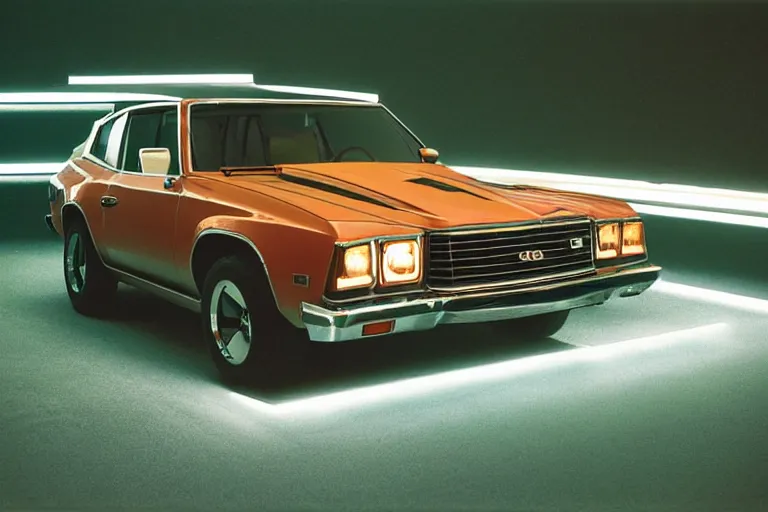 Prompt: studio photoshoot designed by giorgetto giugiaro of a single 1 9 7 3 land cruiser chevelle, thick neon lights, ektachrome photograph, volumetric lighting, f 8 aperture, cinematic eastman 5 3 8 4 film