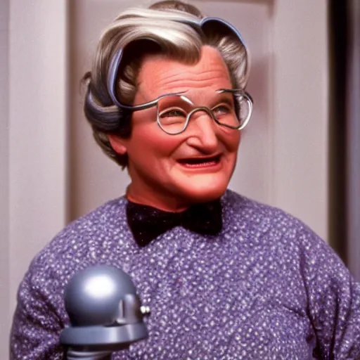 Prompt: robin williams dressed as mrs doubtfire in the movie mrs doubtfire ( 1 9 9 3 ), movie still, realistic, 4 k,