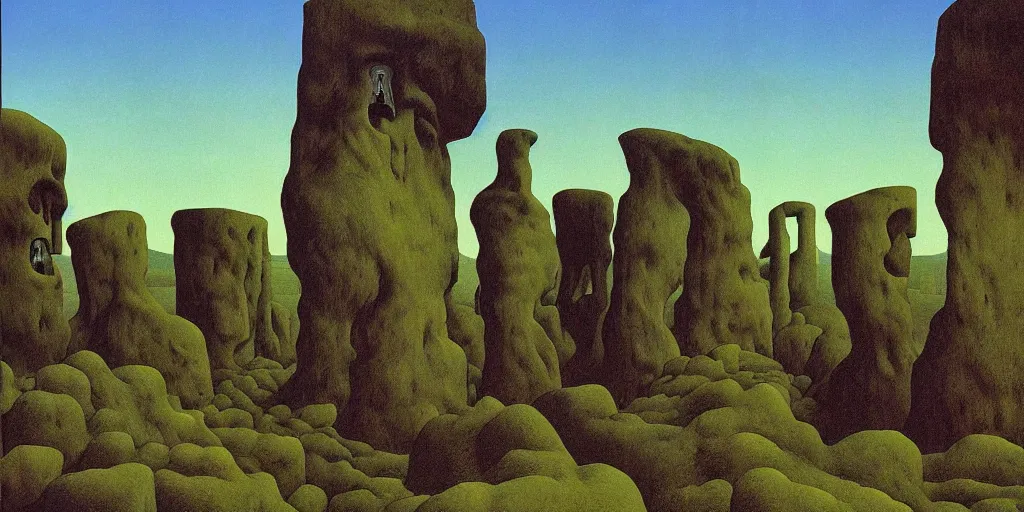 Prompt: Megalithic Monolithic in taiga landscape by Richard Corben, by René Magritte, surrealism, gothic, baroque