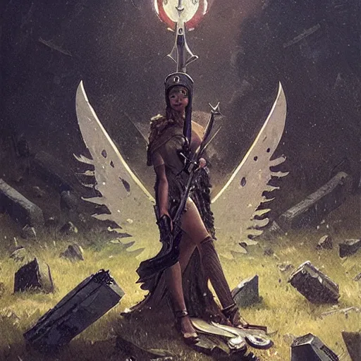 Image similar to valkyrie graveyard resembling the ace of swords tarot card by greg rutkowski