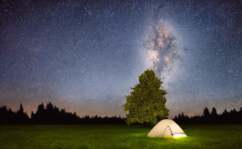 Image similar to photography of many stars at night with a tree in foreground and a tent, highly detailed, photorealistic