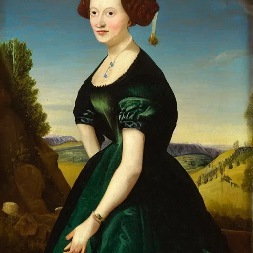 Prompt: young woman from the year 1 5 0 0, seated in front of a landscape background, her black hair is curly, she wears a dark green dress pleated in the front with yellow sleeves, puts her right hand on her left hand, and smiles slightly, oil painting