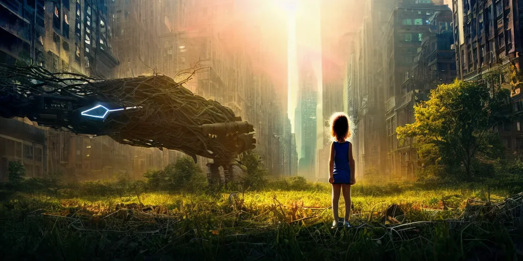 Image similar to textless sci - fi scene future overgrown new york city street, little girl alone in manhattan holding the left hand of giant robot, forest punk, crepuscular rays, epic scene, hyper realistic, photo realistic, overgrowth, cinematic atmosphere, ethereal lighting,