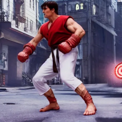 Prompt: Still of Tom Cruise as Ryu in Street Fighter, full body and ready to fight