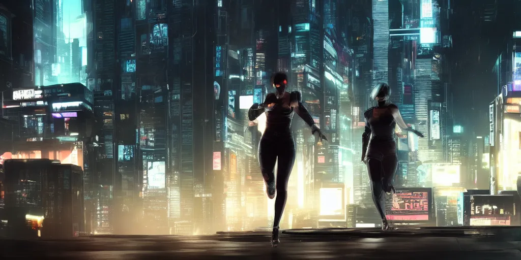 Image similar to Faith Connors running over a rooftop, cyberpunk, nighttime