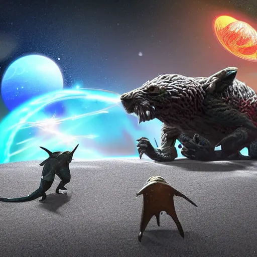 Image similar to laser war between funny creatures on a planet, digital art, award winning 4K