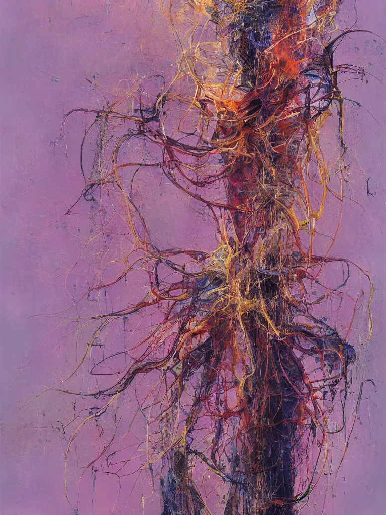 Image similar to a beautiful abstract painting by ramon chirinos of a glitched human nervous system, color bleeding, pixel sorting, copper oxide material, brushstrokes by jeremy mann, studio lighting, pastel purple background, square shapes