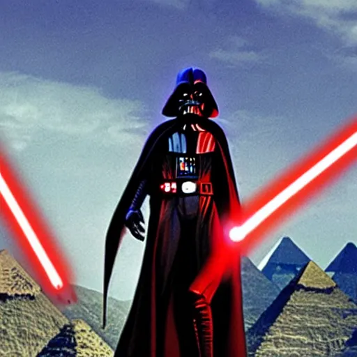 Image similar to morbius holding a lightsaber. darth vader, pyramids in background.